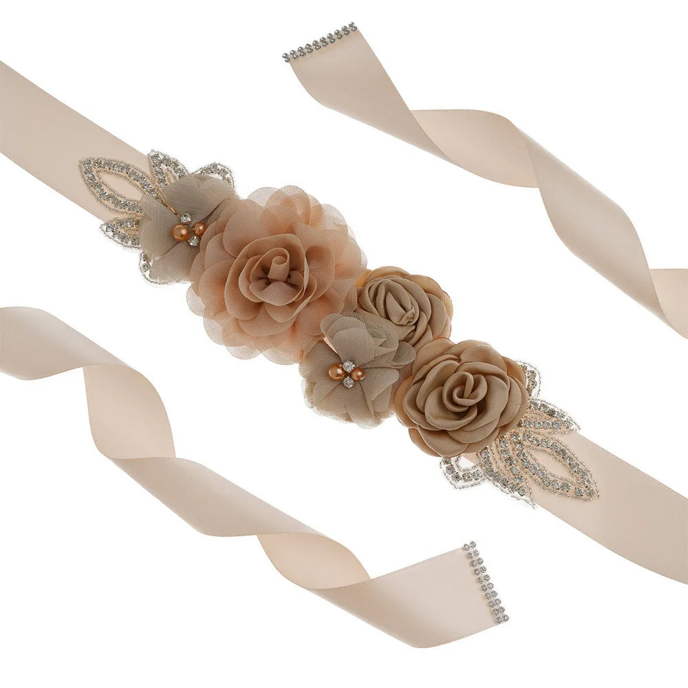 Wedding Accessories Bridal Belts Satin Flower Sash Woman Girl Belts Flower Bead Belts Floral Belt Wedding Rhinestone Flower Belt