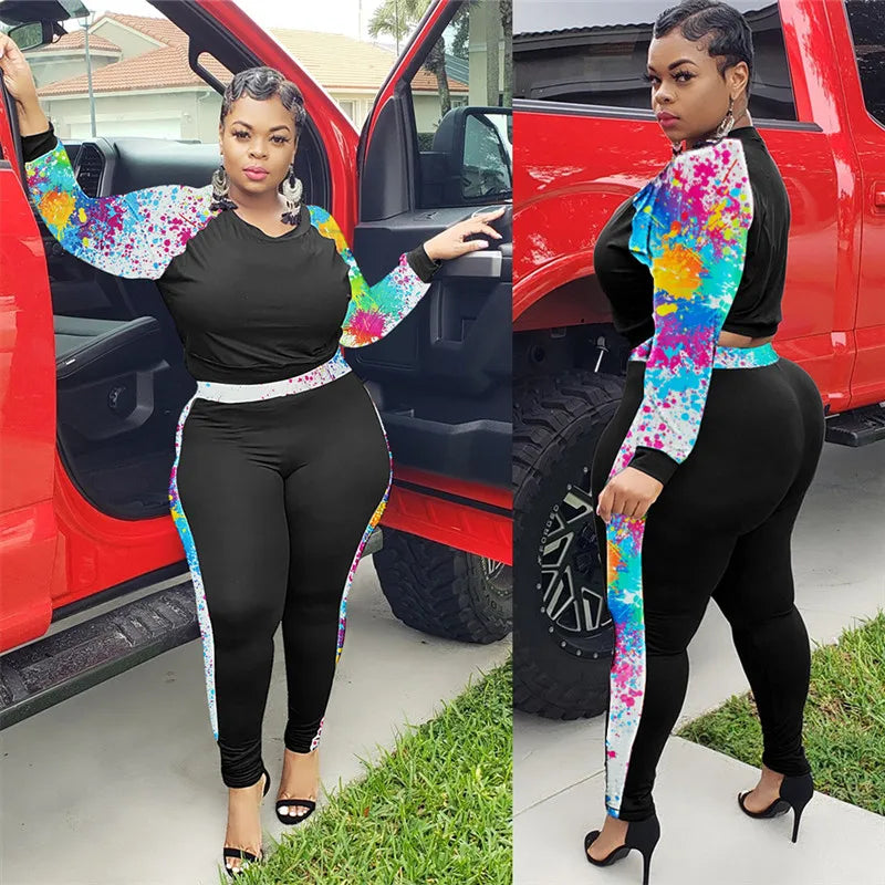 Plus Size L-4xl Women 2 Piece Set  Tie Dye Patchwork Strech Activewear Jogger Outfit Biker Matching Set Wholesale Dropshpping