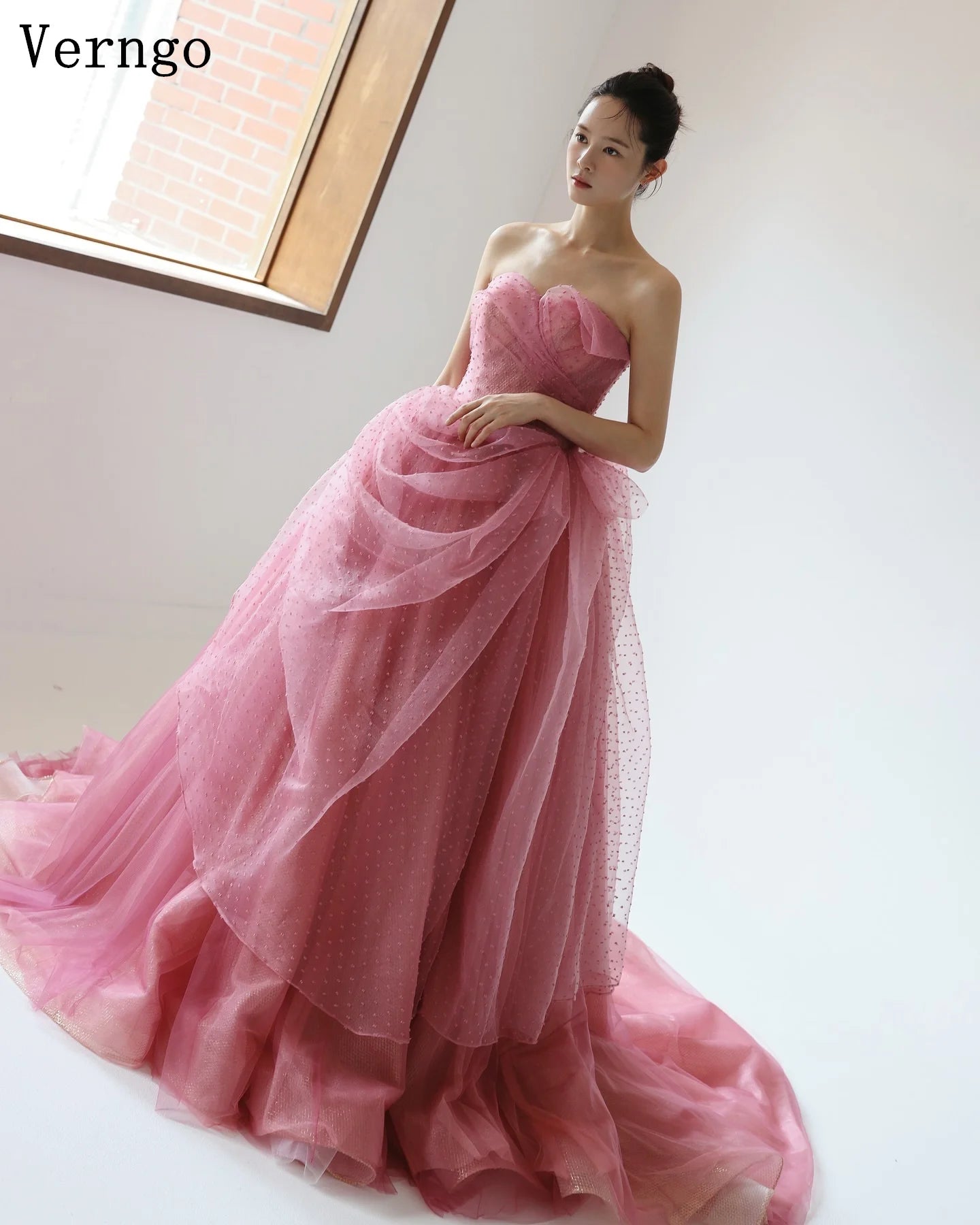 Verngo Pink Tulle Wedding Dress Strapless a Line Colorful Bridal Gowns Women Elegant Korea Photo Bride Dresses Customized - My Store