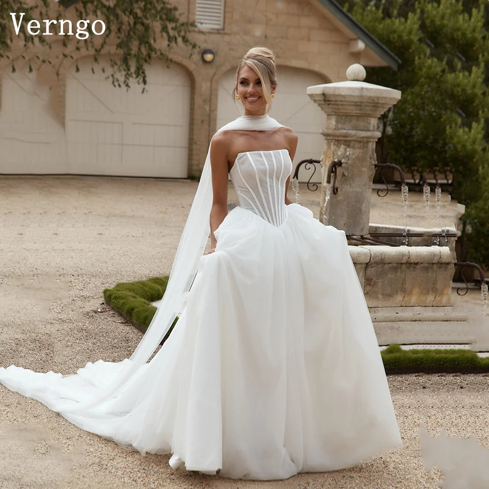 Verngo Lvory Tulle Wedding Dresses Strapless a Line Long Women Bridal Gowns Bown Maxi Bride Dresses Customized - My Store