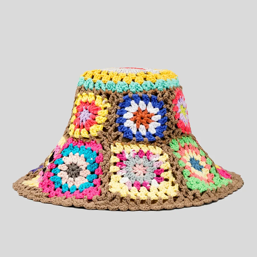 Casual Paisley Crochet Hat for Women Bohemian Knitted Bucket Hats National Straw Sun Hat for Girls Summer Beach Bali Hats 2022