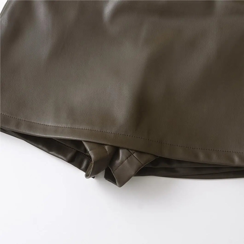 Faux Leather Mini Skirts Elegant  Korean Fashion Black PU Skirts for Woman Low Rise Skirt Zip Up Split Skirt With Shorts Brown