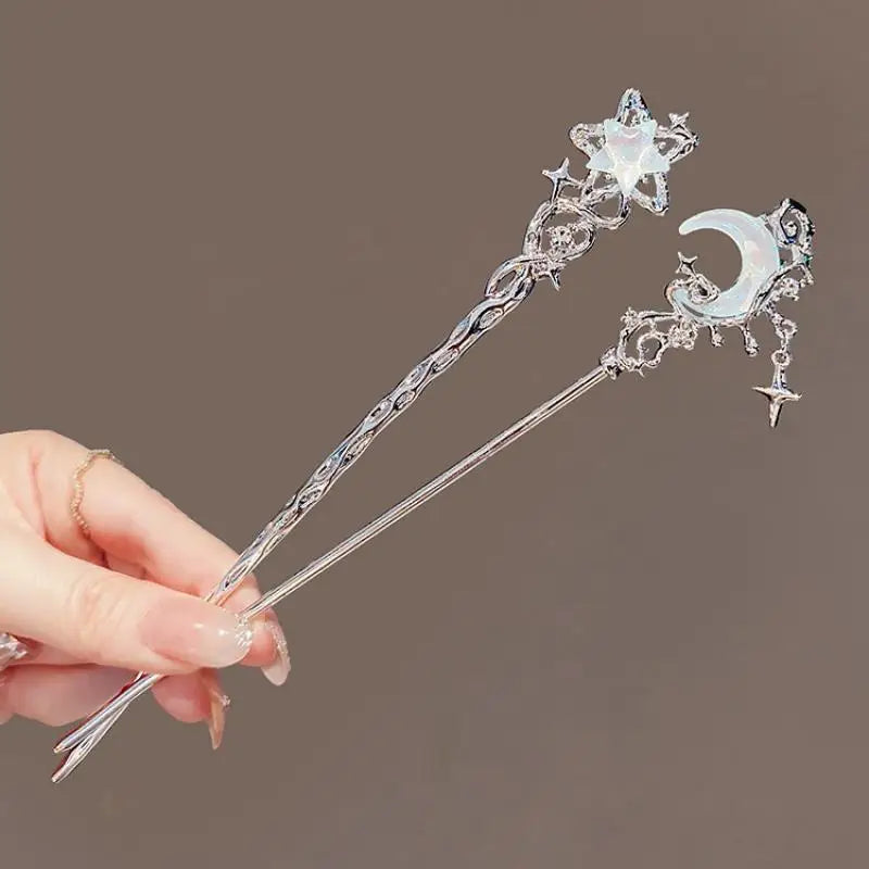 Romantic Moonstone Star Moon Hair Stick Metal Branch Hairpin Hair Fork Chinese Style Hair Accessories for Girls Hair Jewelry