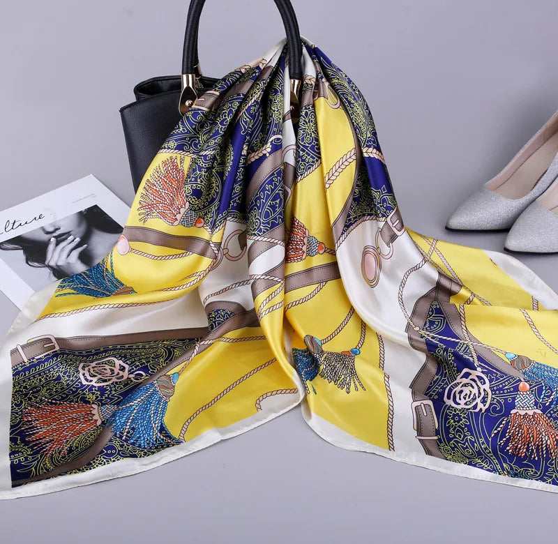 Fashion Kerchief Silk Satin Neck Scarf for Women Print Hijab Scarfs Female 90*90cm Square Shawls and Wraps Scarves for Lady