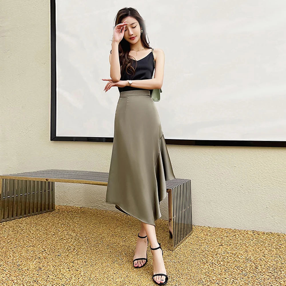 Elegant High Waist Satin Skirts Women Irregular Mermaid Skirt Fashion Streetwear Casual A-Line Skirts Office Lady Long Skirts