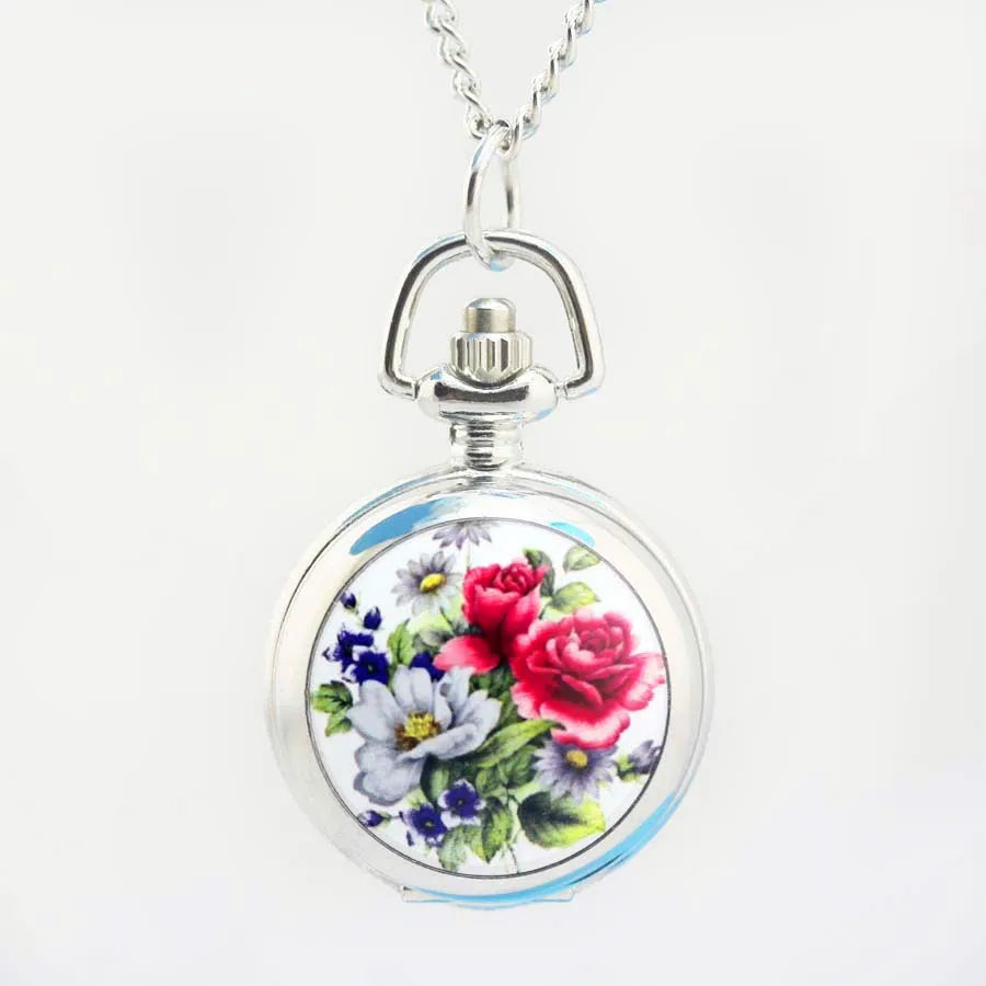 Shsby Vintage Pocket Watches  Flower Fashion Silver Chain Necklace Quartz Watch Women Dress Watches Children's Cartoon Watches