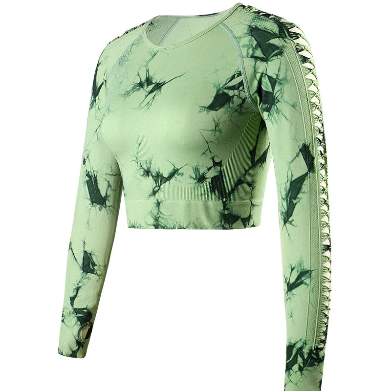 CHRLEISURE Seamless Tie Dye Sports Set Hollow Out Yoga Suit Fitness Top With Workout Leggings Activewear