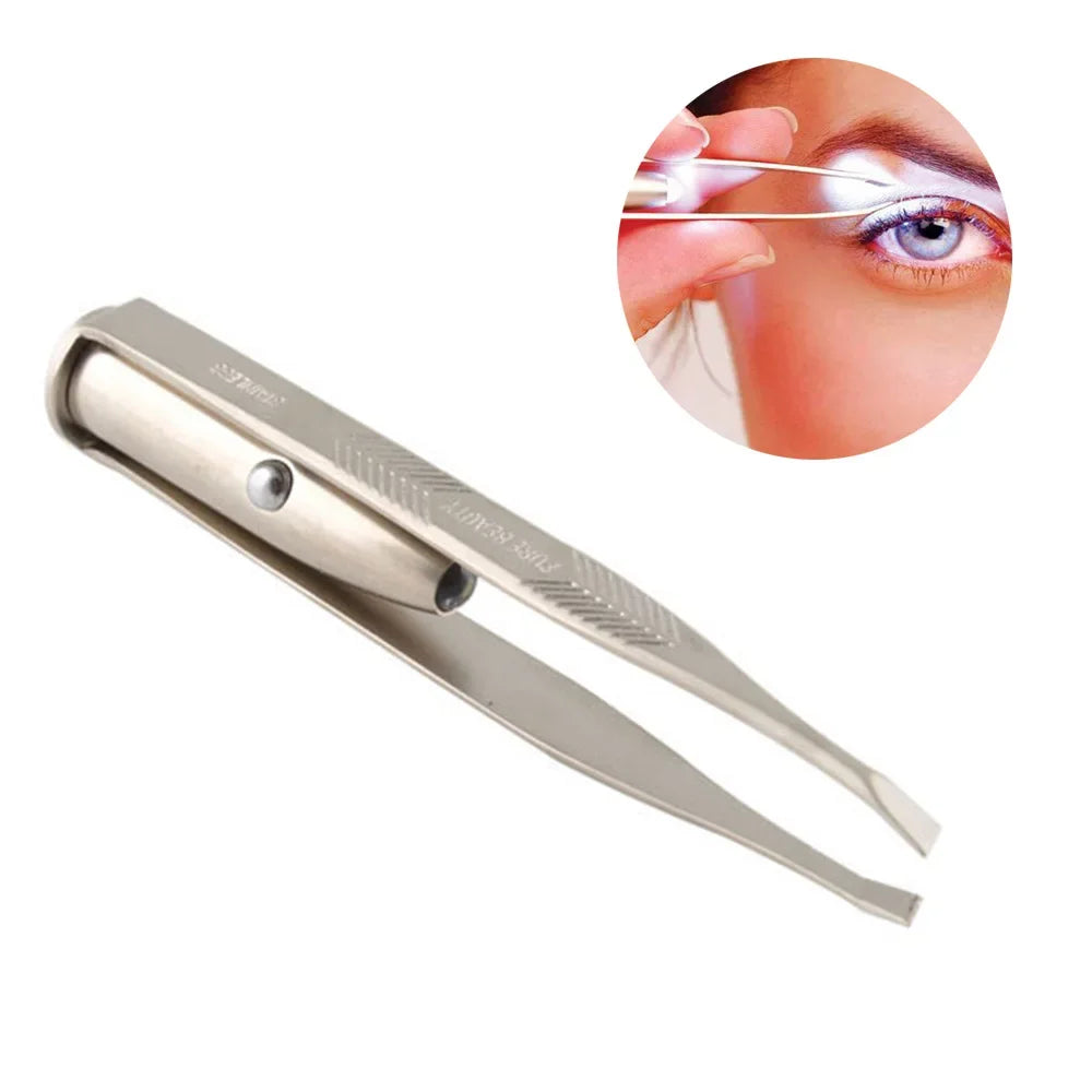 Professional Stainless Steel Makeup LED Light Slant Tip Hair Removal Eyelashes Eyebrow Tweezers Makeup Tool With Battery - My Store