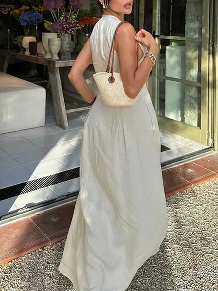 MUJER Zipper Long Dress Woman Pleated Sleeveless Bodycon Dress Summer Elegant Party Dresses for Women 2025 New Midi Dresses