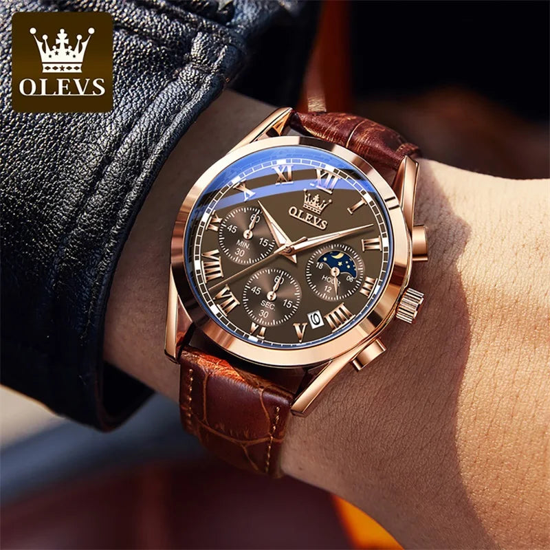 OLEVS Quartz Watch for Men Top Brand Luxury Watches Moon Phase Waterproof Mens Watches Fashion Chronograph Wrist Watches for Men