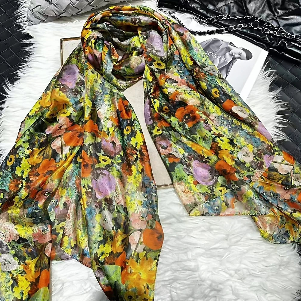 White100% Silk Scarf Women Scarves Bufandas Summer Beach Shawls Foulard Fall Winter Brand Flower Design Long Neck Scarves Hijabs