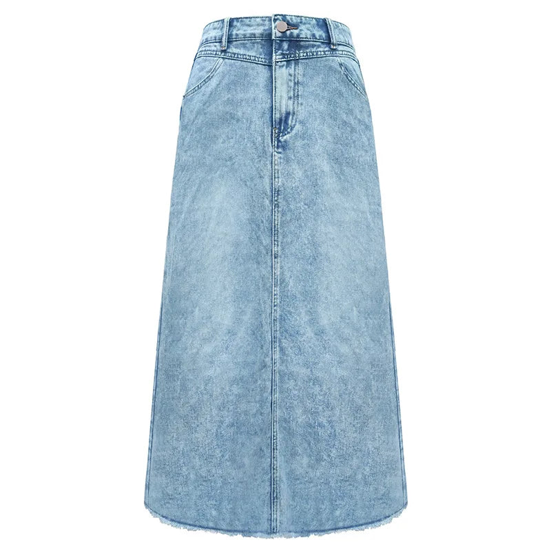 Boho Denim Skirts Mid Waist Overall High Street Washed Skirts Vintage Style Front Pockets Ripped Maxi Skirts Bleach Jean Skirt