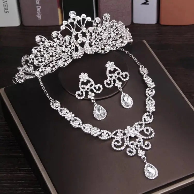 3PCS Rhinestone Crystal Butterfly Bridal Jewelry Sets Necklace Earring Tiara Set Wedding Hair Ornaments African Bead Jewelry Set