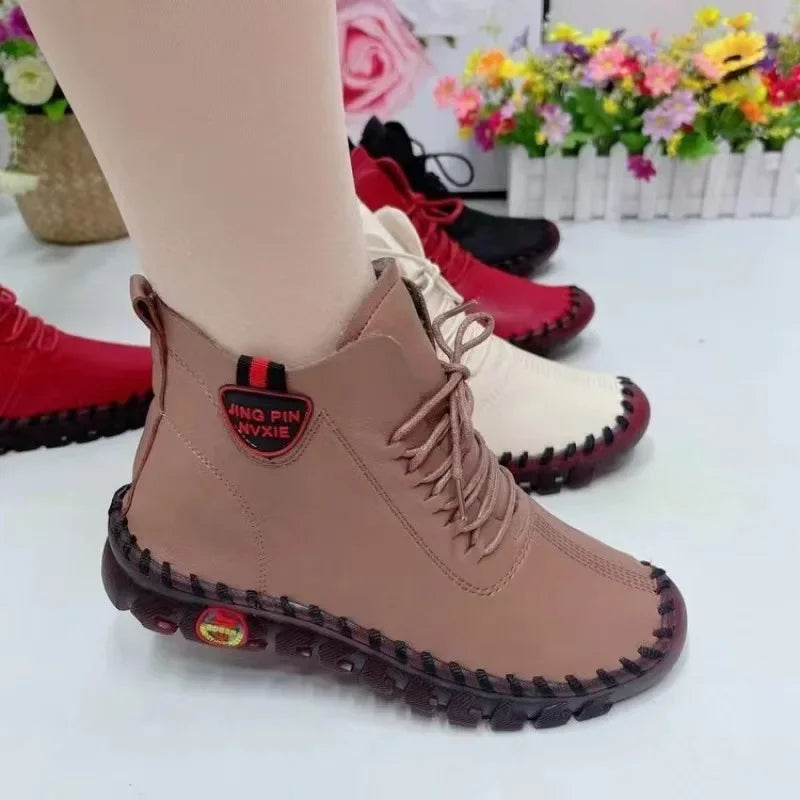 Women Shoes Autumn Loafers Lace Up Sneakers Casual Flats Solid Soft Bottom Boots Leather High-Top Sneaker Female Shoes2024