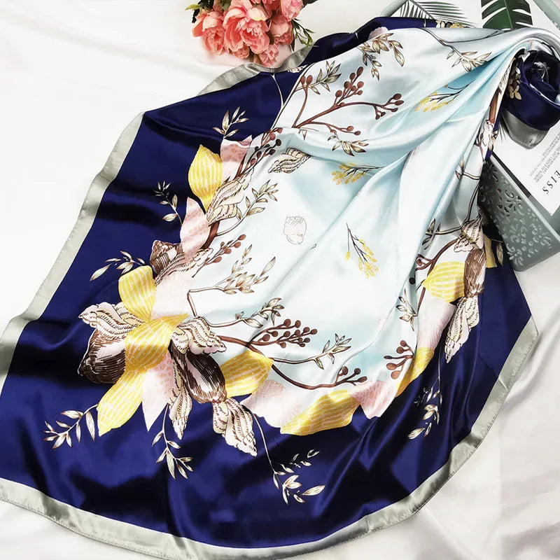 90cm Neckerchief Silk Satin Women Hijab Scaves Fashion Floral Print Headband Neck Scarfs Female Square Shawls Scarfs for Ladies