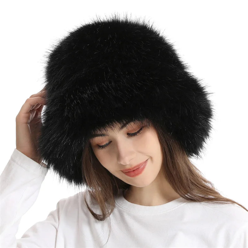 Warm Plush Bucket Hat Women Oversize Earflaps Fluffy Faux Fur Hats Fashion Furry Raccoon Fur Cotton Hat Winter Solid Color Hats