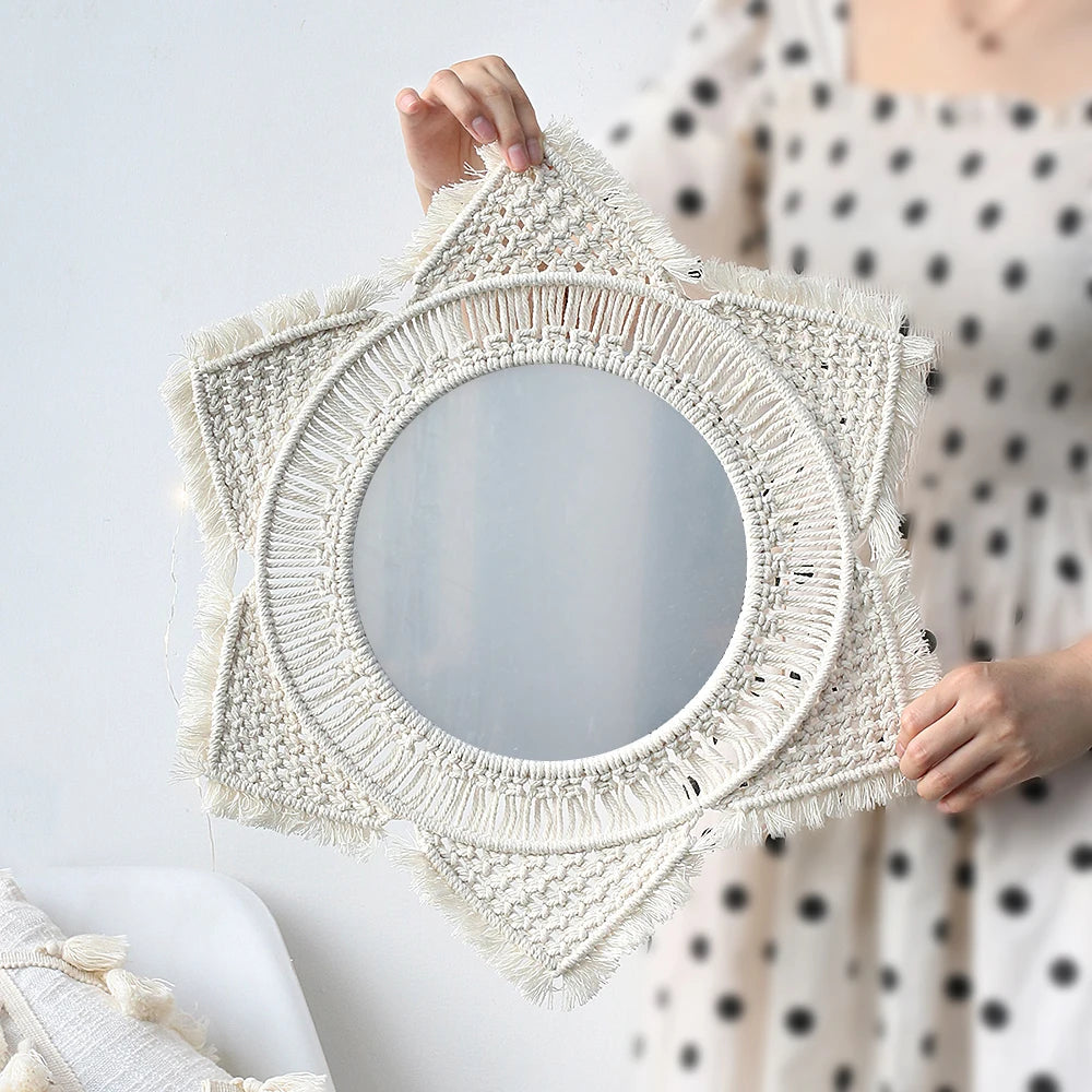Round Mirror Wall Decor Macrame Boho Room Decor Wall Mirrors for Living Room Bedroom Decoration Mirror Bathroom Home Decoration