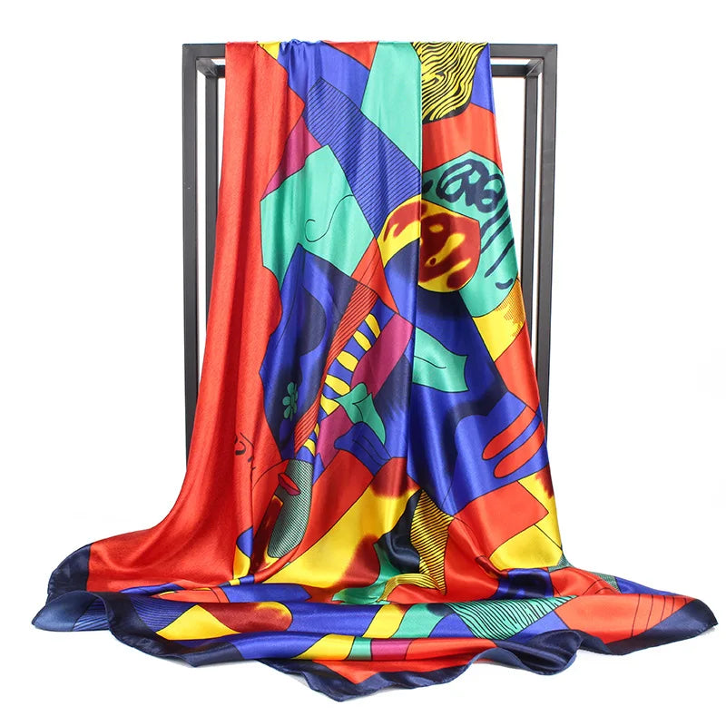 Fashion Kerchief Silk Satin Neck Scarf for Women Print Hijab Scarfs Female 90*90cm Square Shawls and Wraps Scarves for Lady