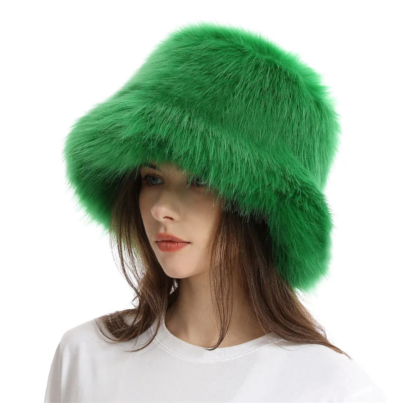 Warm Plush Bucket Hat Women Oversize Earflaps Fluffy Faux Fur Hats Fashion Furry Raccoon Fur Cotton Hat Winter Solid Color Hats