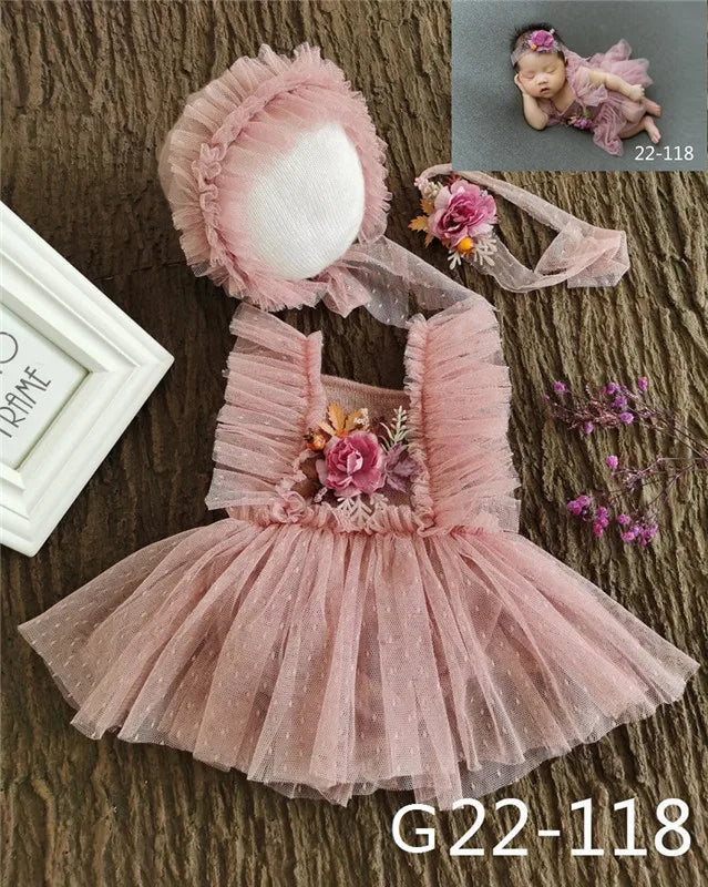 0-3Month Baby Newborn Photography Props Baby Hat Baby Girl Lace Romper Bodysuits Outfit  Photography Clothing