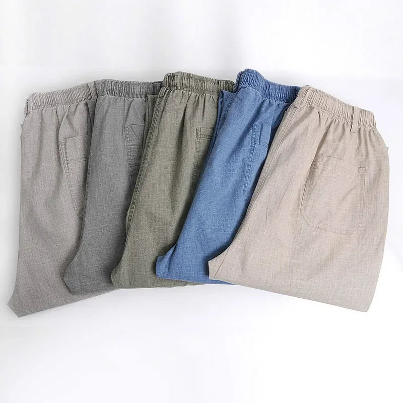 Men's Linen Pants High Waist Lightweight Summer Pants Men 2024 Thin Clothing Loose Cotton Trouser Elastic Band Work Vintage Pant