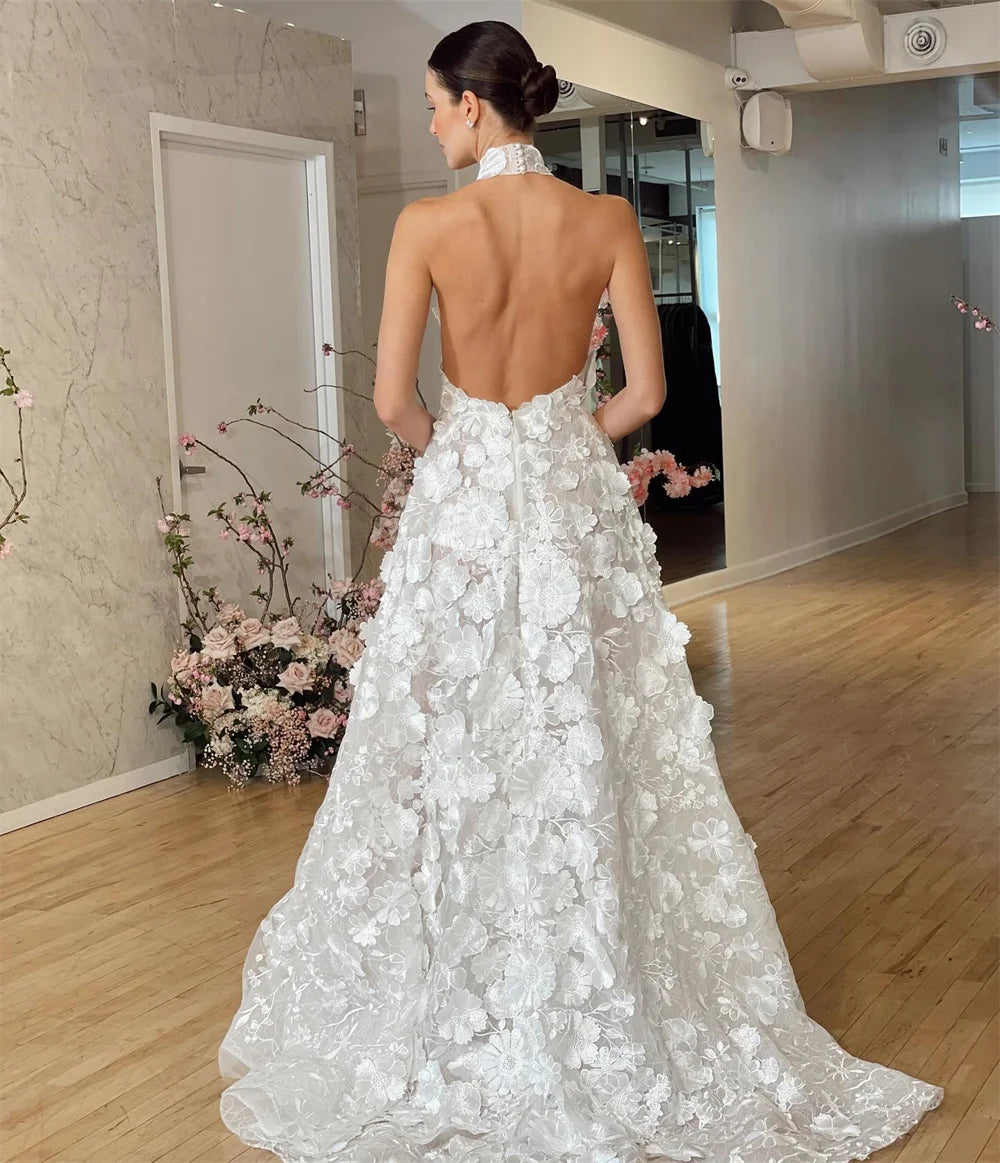 Cathy Three-Dimensional Lace Floral Party Dresses Halter Neck Sleeveless Vestidos De Noiva Floor-Length Evening Dresses 2024 - My Store