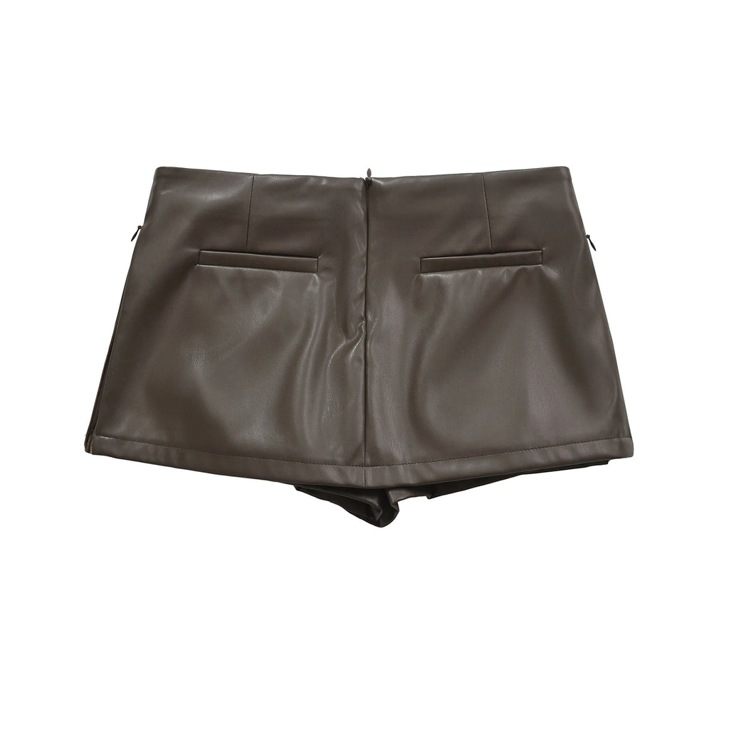Faux Leather Mini Skirts Elegant  Korean Fashion Black PU Skirts for Woman Low Rise Skirt Zip Up Split Skirt With Shorts Brown