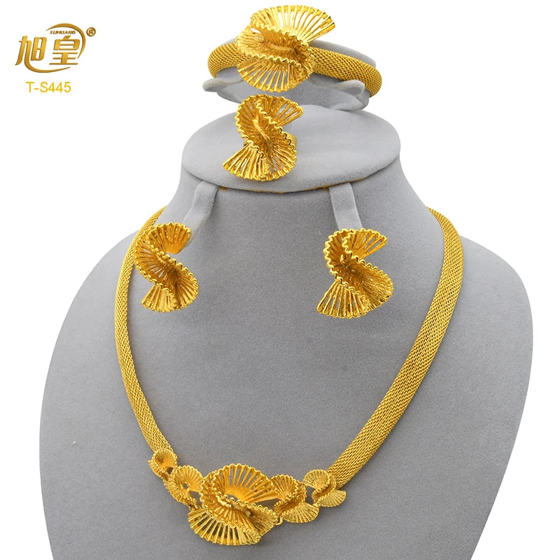 XUHUANG African Necklaces Bracelets Earing Sets Nigerian Wedding Jewelry Set Ethiopian Gold Colour Necklace Jewellery Set Gifts
