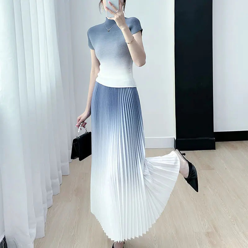 Elegant Two Piece Skirt Set Costume Women's Suit Skirts Pleated Skirt  Female Outfit Women's Casual Skirts Blouses Wrinkle Set