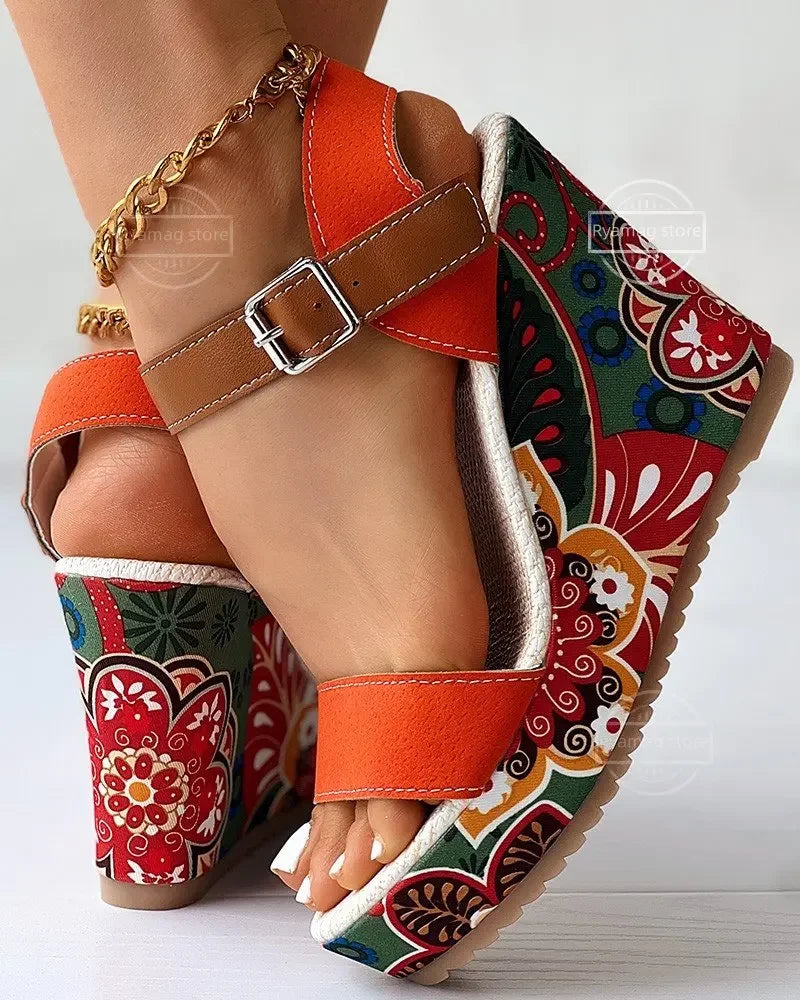 Sandals Women's Peep Toe Floral Print Slingback Wedge Sandals Ethnic Print Platform Shoes Ladies Ankle Buckle Sandalias De Mujer