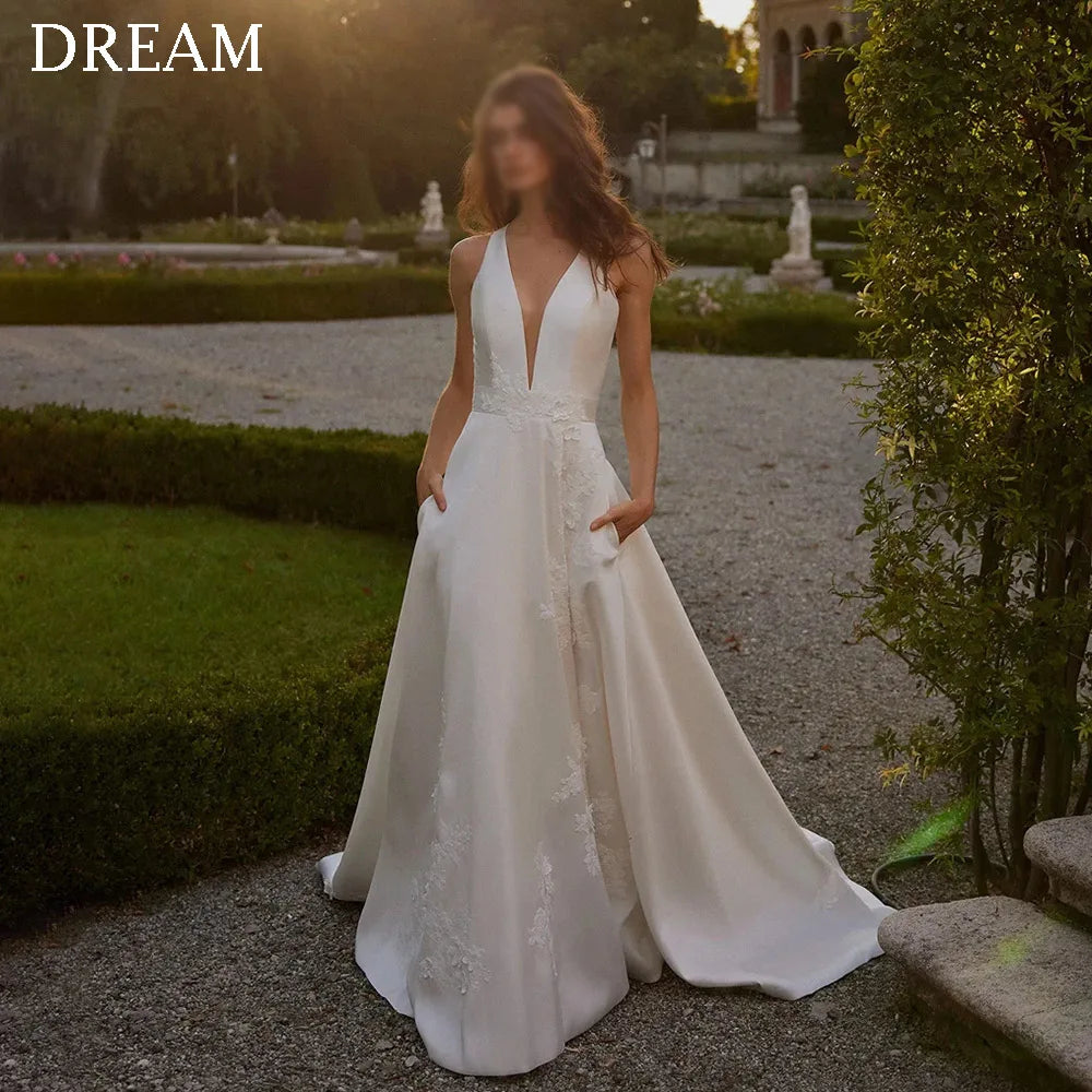 DREAM Customized Elegant A-Line Wedding Dresses Satin Floor-Length Sweep Train Long Brides Dress Women Vestidos De Novias 2025 - My Store