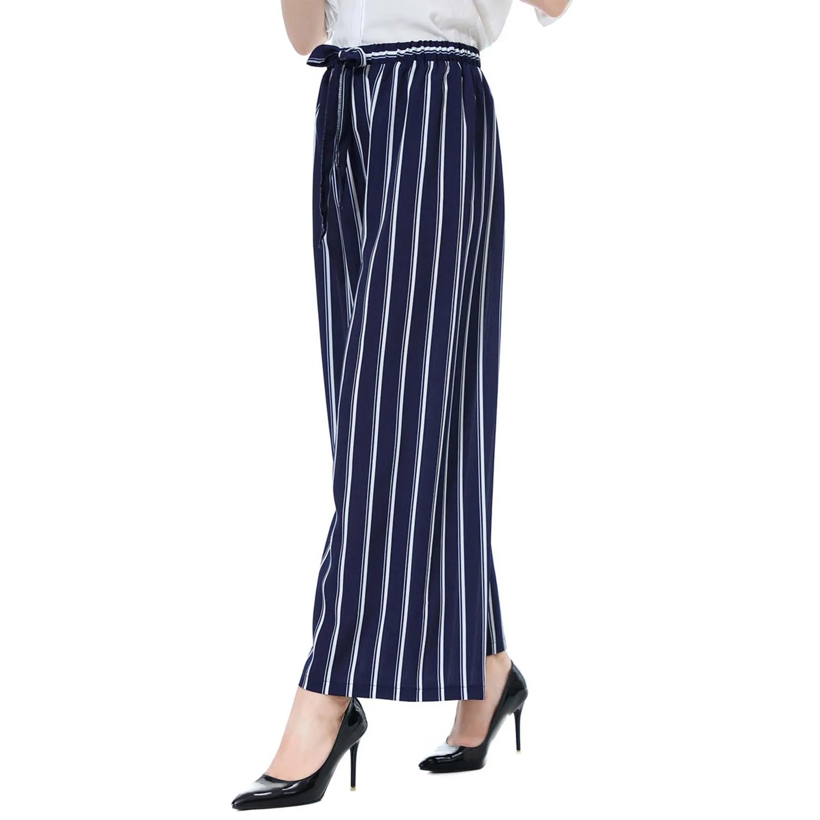 Ladies' Striped Elastic Waist Belted Long Wide Leg Pants Office Ladies Pant Soft Breathable Long Trousers 2023 Female Clothing