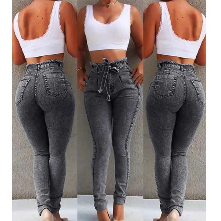 High Waist Jeans for Women Slim Stretch Denim Jean Bodycon Tassel Belt Bandage Skinny Push Up Jeans Woman Clothe 4XL 5XL