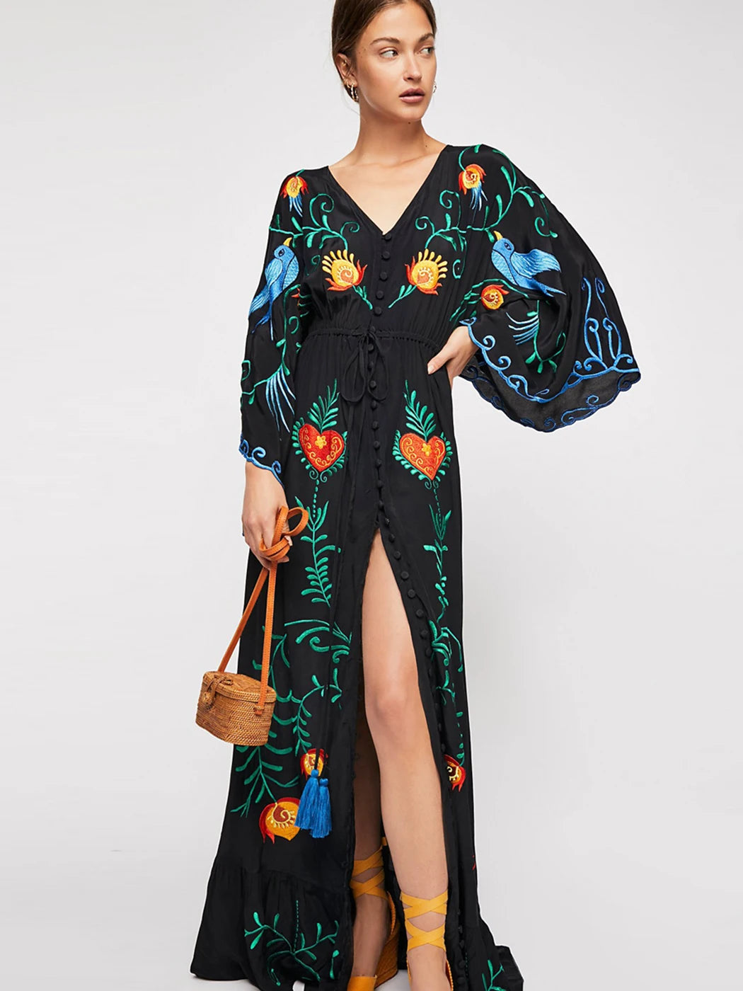 Jastie 2025 Spring Autumn Women Dress Loose Casual Kimono Dresses Floral Embroidered Maxi Dress Boho Ruffle Hem Beach Dresses