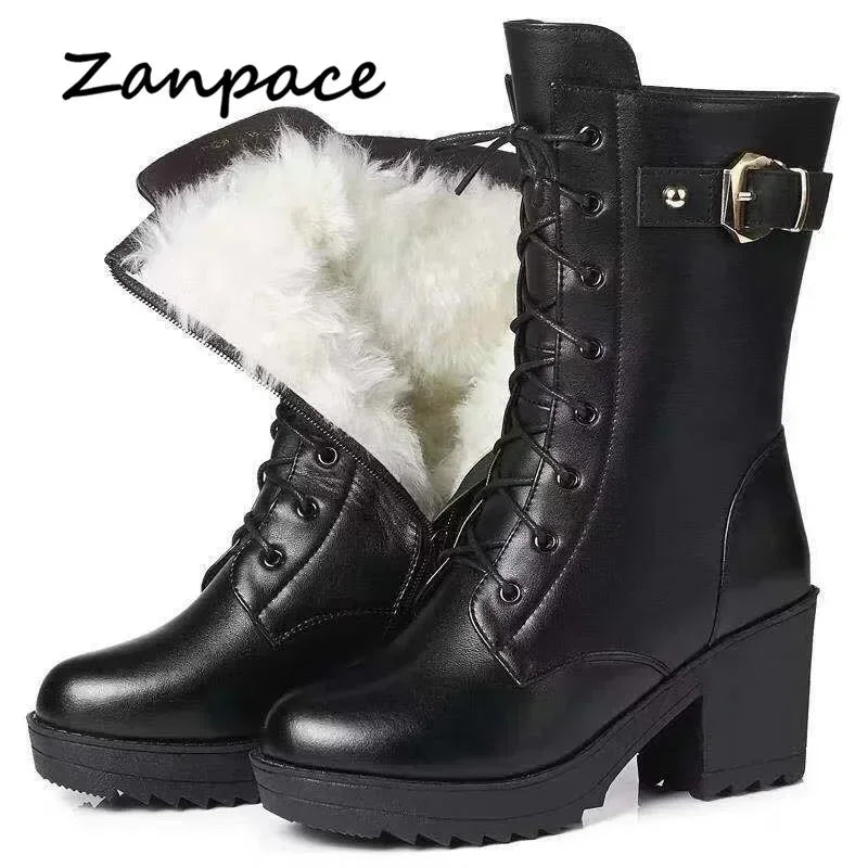 2025 Winter Leather Women Winter Boots Thick Wool Warm Women High-Heeled Genuine Boot High-Quality Female Snow Boots Women Shoes