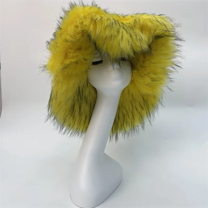 Winter Warm Plush Bucket Hat Women Oversize Earflaps Fluffy Faux Fur Hats Fashion Furry Raccoon Fur Cotton Hat Solid Color Hats