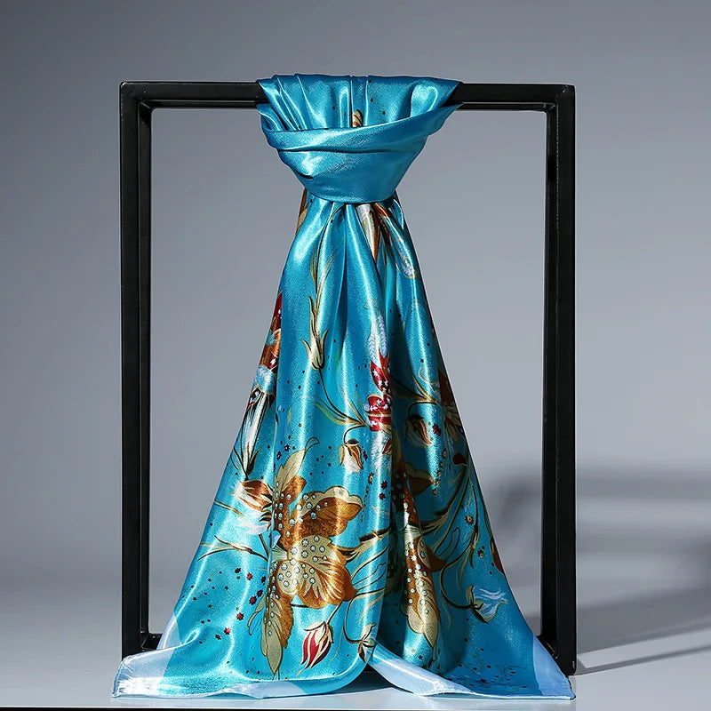 90cm Fashion Silk Satin Scarf for Women Headband Floral Print Kerchief Hijab Scarves Fermale Square Shawls and Wraps Neck Scarfs
