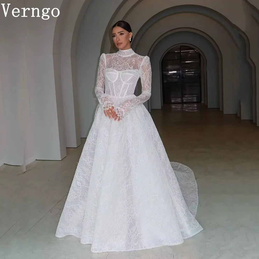 Verngo Elegant Lace Wedding Dress High Neck Full Sleeves Bride Dress Women Modest Bridal Gowns Customized - My Store