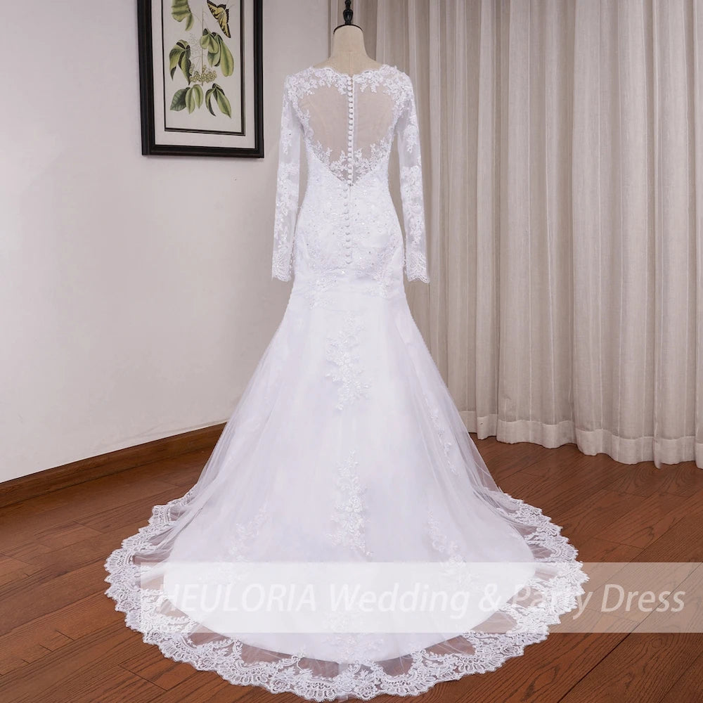 Mermaid Wedding Dresses Long Sleeve O Neck White Wedding Dress Lace Applique Beading Bride Dress Robe De Mariage Customize - My Store