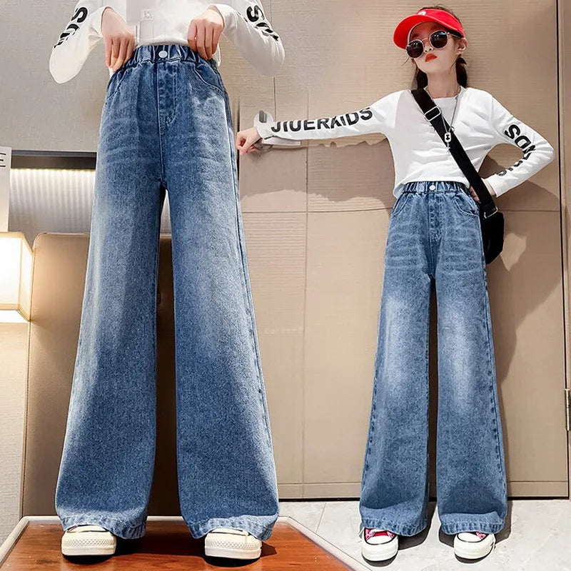 Jeans for Girls Kids Fashion Blue Wide Leg Pants 2025 Spring Autumn Children Korean Trousers Children's Clothing 6 8 10 12 14Yrs