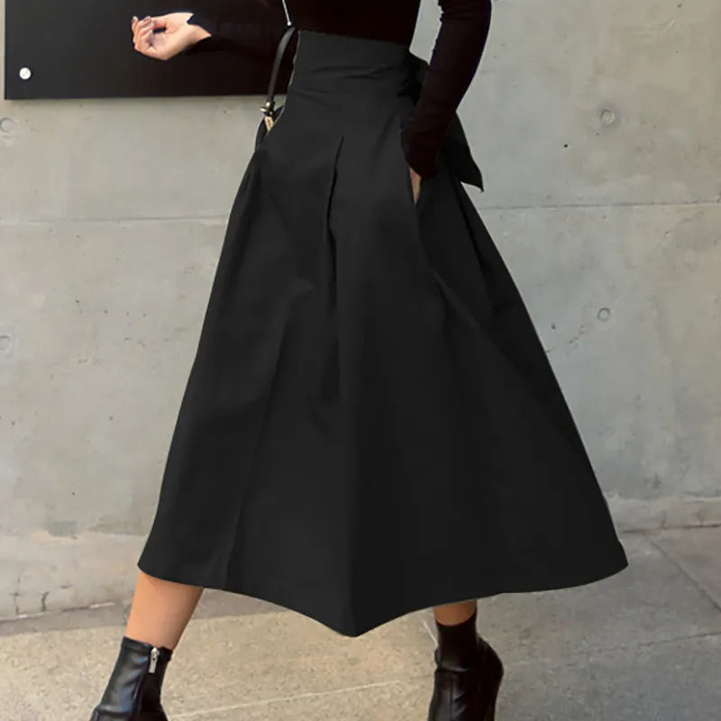New Autumn Black Skirts Womens Korean Fashion Solid Color Big Swing Female Skirt Long Skirt Wild High Waist Bow Slim Skirts