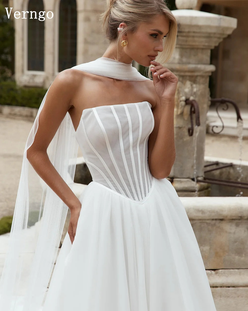 Verngo Lvory Tulle Wedding Dresses Strapless a Line Long Women Bridal Gowns Bown Maxi Bride Dresses Customized - My Store