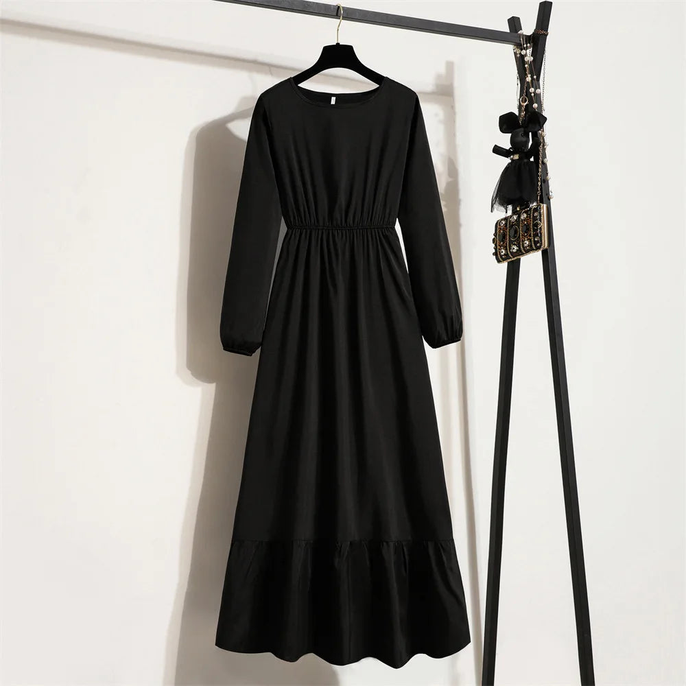Women Long Dresses Spring Summer Full Sleeve O-Neck Casual Solid Chiffon Dress Muslim Dress Bohemian Maxi Dresses