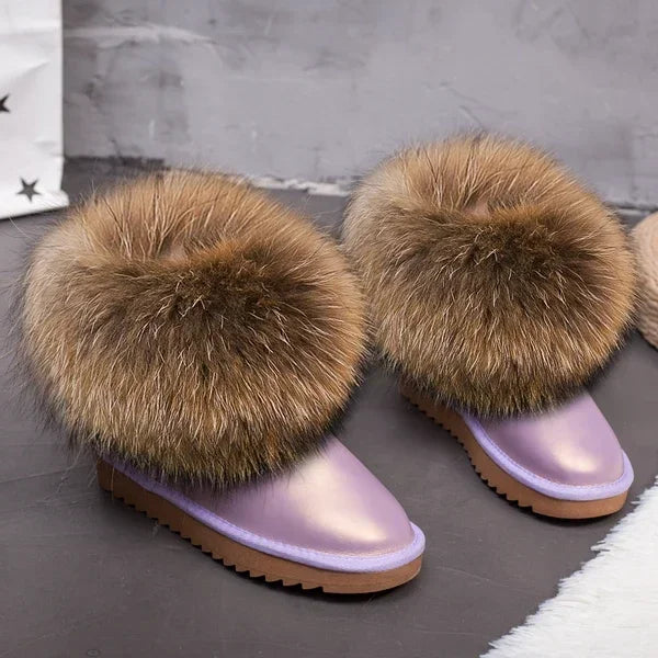 G&Zaco Luxury Winter Snow Boots Women Natural Real Fox Fur Boots Waterproof Genuine Suede Leather Boots Black Flat Short Boot