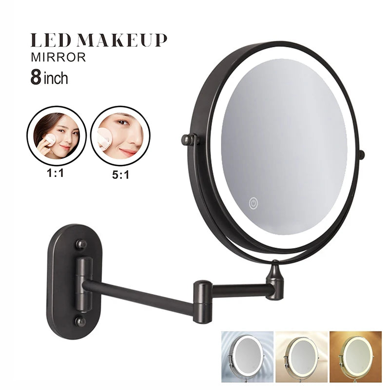 8 Inch Wall Mounted Makeup Mirror Black 3x-10x Magnifying 3 Color LED Light Double Side Bathroom Smart Shaving Cosmetic Mirrors