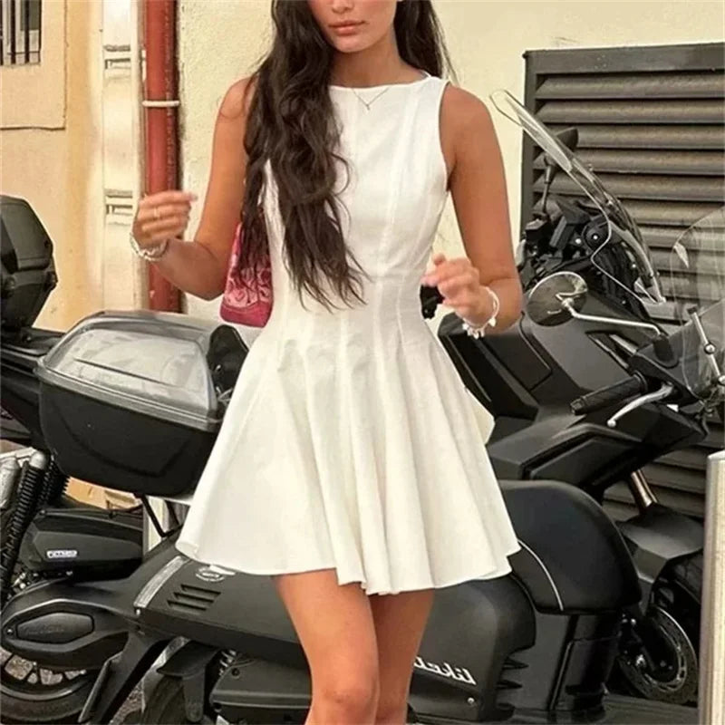 MUJER White Ruched Short Dresses for Women 2025 Sleeveless Mini Dress Woman Summer Elegant Party Dresses Pleated Holiday Dress