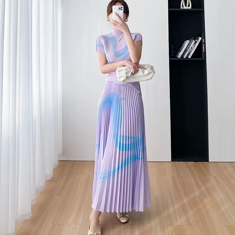 Elegant Two Piece Skirt Set Costume Women's Suit Skirts Pleated Skirt  Female Outfit Women's Casual Skirts Blouses Wrinkle Set