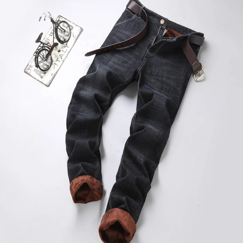 Witner  Slim Fit Stretch Thick Velvet Pants Warm Jeans Casual Grey  Fleece  Winter Jeans Men Black Elasticity Grey Jean
