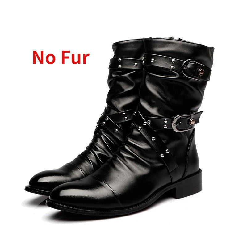 Winter Pointed Toe Men's Mid-Calf Boots Buckle Strap Chelsea Boot for Men Leather Mens Motorcycle Boots High Top Man Winter Shoe