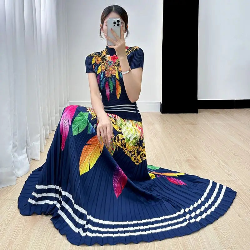 Elegant Two Piece Skirt Set Costume Women's Suit Skirts Pleated Skirt  Female Outfit Women's Casual Skirts Blouses Wrinkle Set